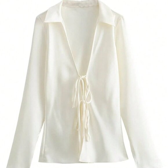 White Casual Women's Solid Color Style Silk-Like Satin Shirt With Rope Detailing - Picture 7 of 7